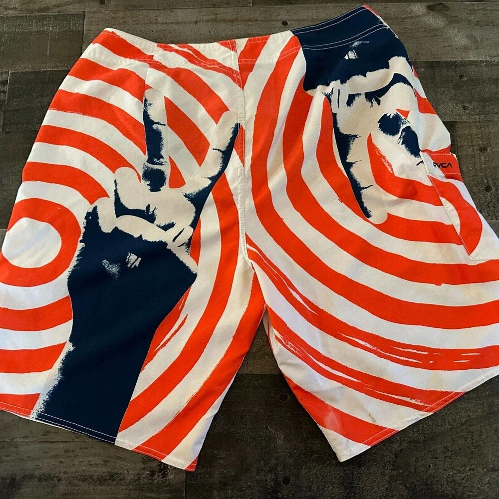 RVCA ANP Board Shorts Mens Size 33 Peace Red White Artist PMTENORE Swim Trunks‎